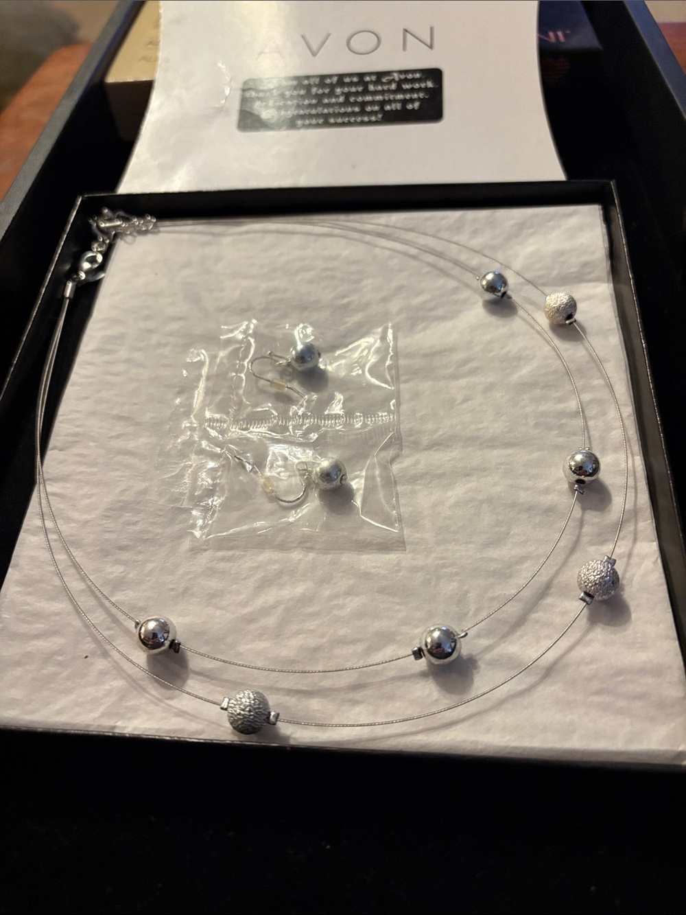 Avon Silver-Tone Double Strand Bead Necklace with Matching Drop Earrings